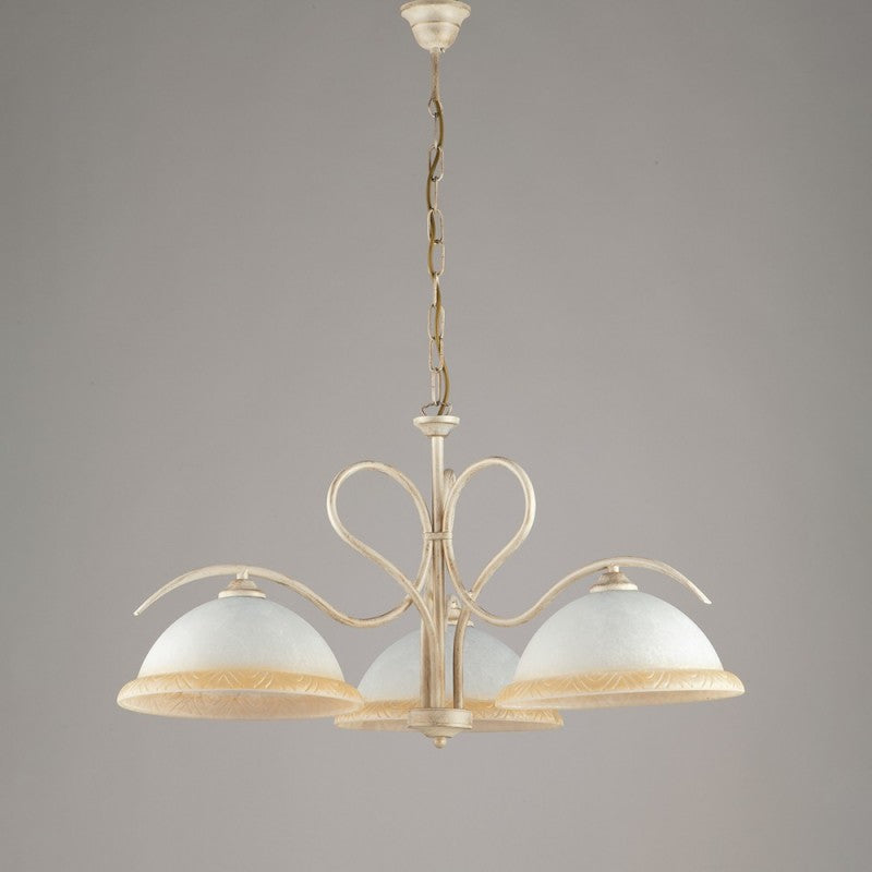 Lámpara de araña de hierro dorado Marfil con tres luces de cristal blanco y ámbar 68x h43 cm