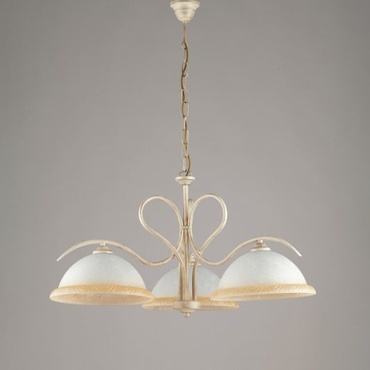 Lámpara de araña de hierro dorado Marfil con tres luces de cristal blanco y ámbar 68x h43 cm