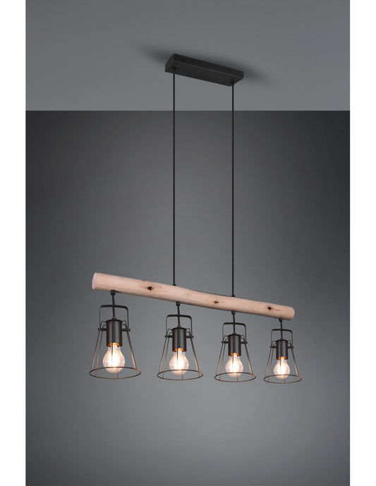 Suspensión Barra De Madera 4 Luces Jaipur Industrial Vintage Negro Y Madera Trio Iluminación