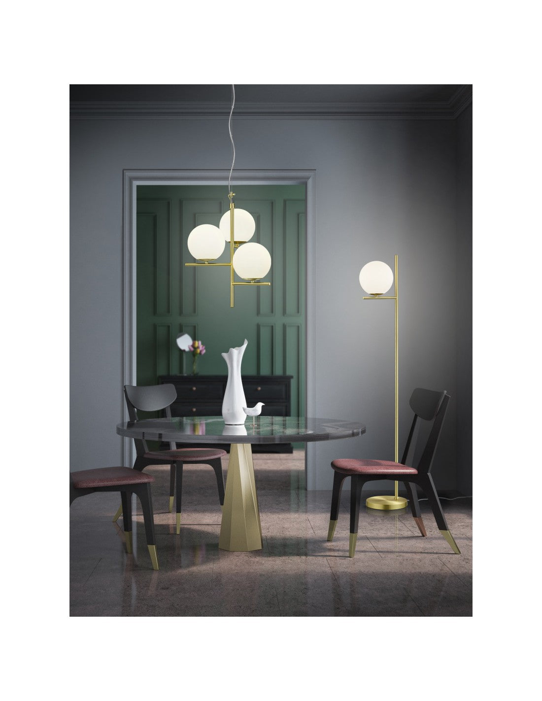Lámpara Colgante 3Esferas Vidrio Latón Blanco Ø40 cm Pure Trio Lighting